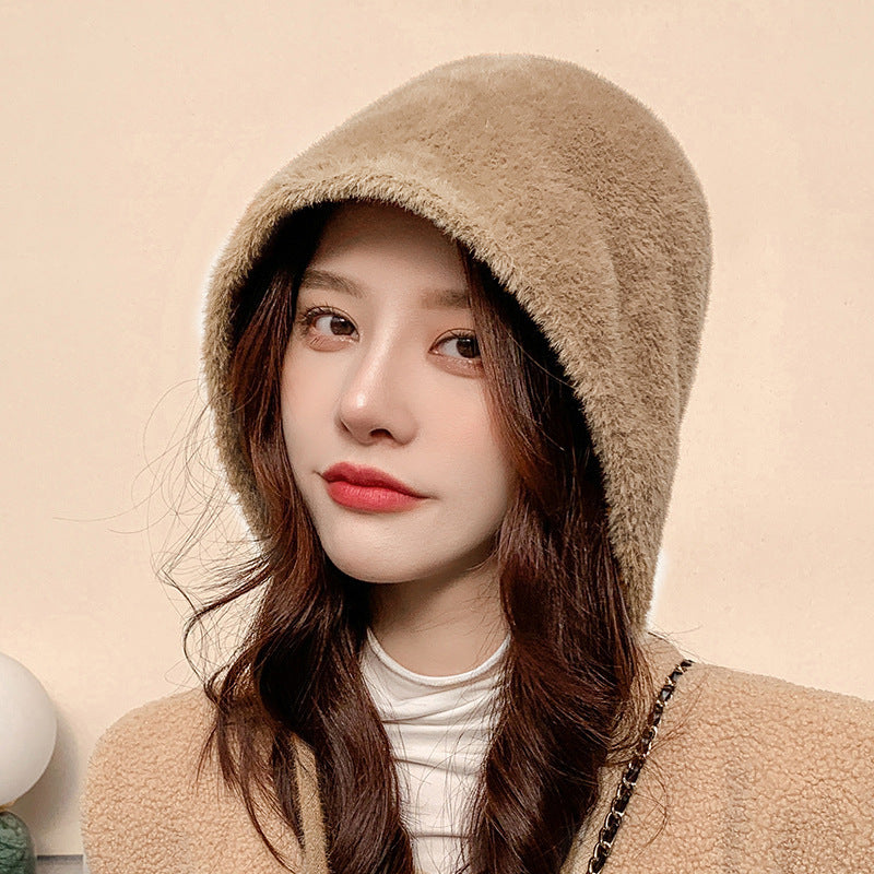 Female Round Top Faux Sable Fur Basin Hat With Solid Lace