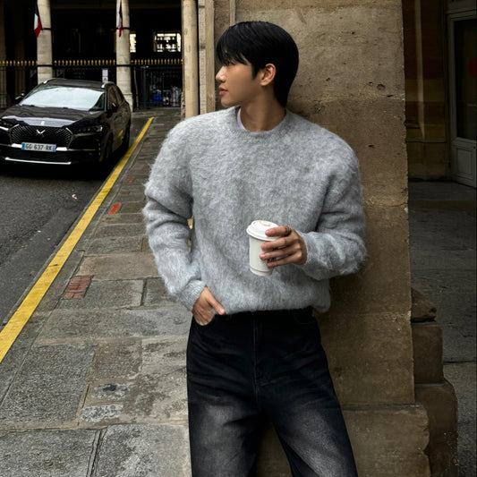 Mohair Pullover Warm Loose-Fit Crew-Neck Sweater For Cold Weather