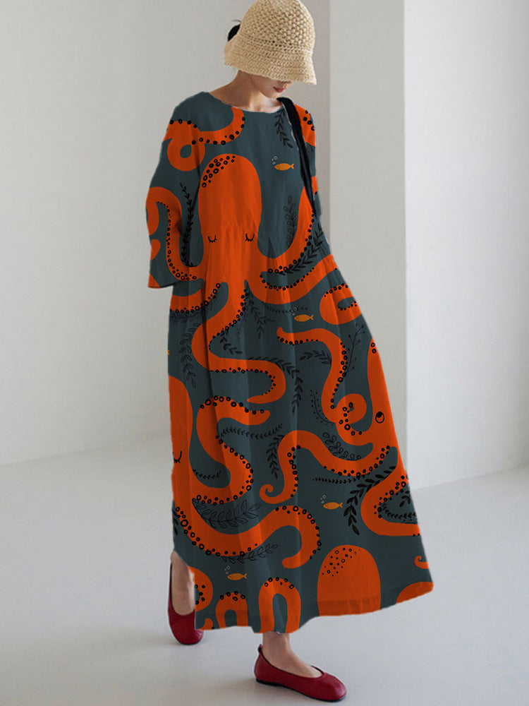 Digital Printing Small Chrysanthemum Women's Casual Short Sleeve Large Swing Dress