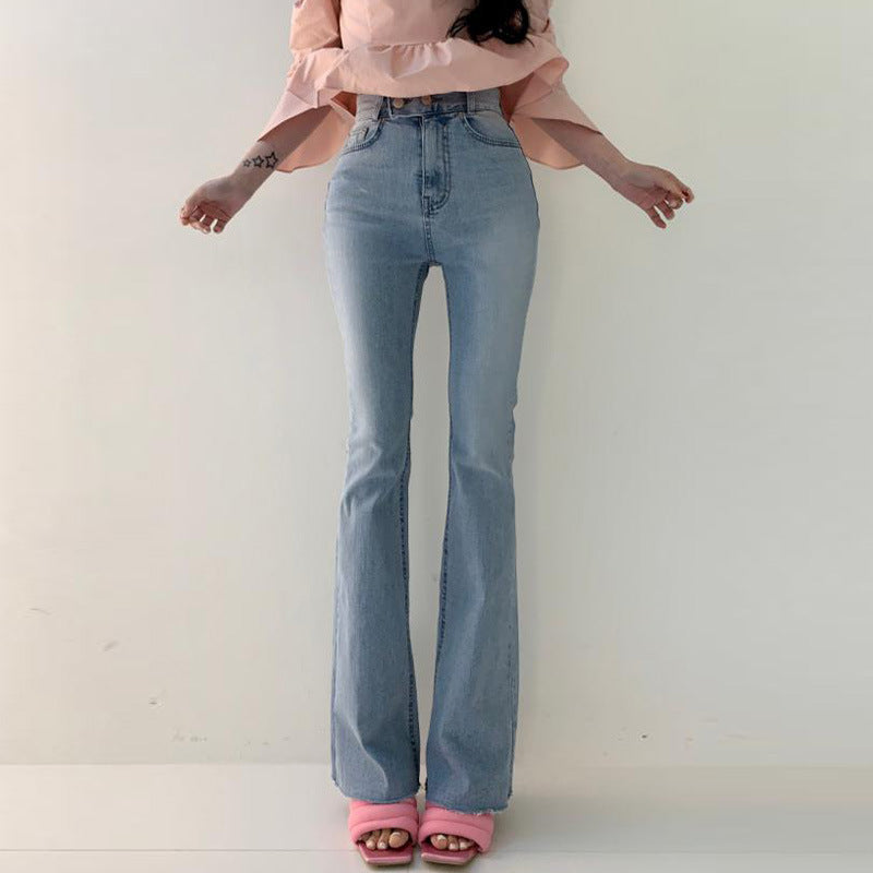 Spring Versatile High Waist Slimming Two-button Double Pocket Design Sense Slightly Flared Jeans Trousers For Women