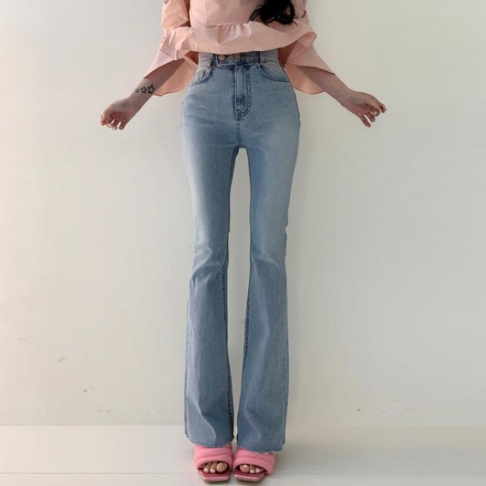 Spring Versatile High Waist Slimming Two-button Double Pocket Design Sense Slightly Flared Jeans Trousers For Women