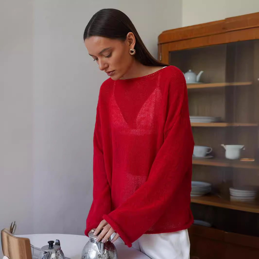 Hollow Sweater Thin Scoop Bell Sleeve Women