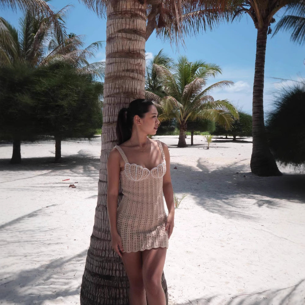 Vacation Beach Fashion Suspenders Pearl Dress