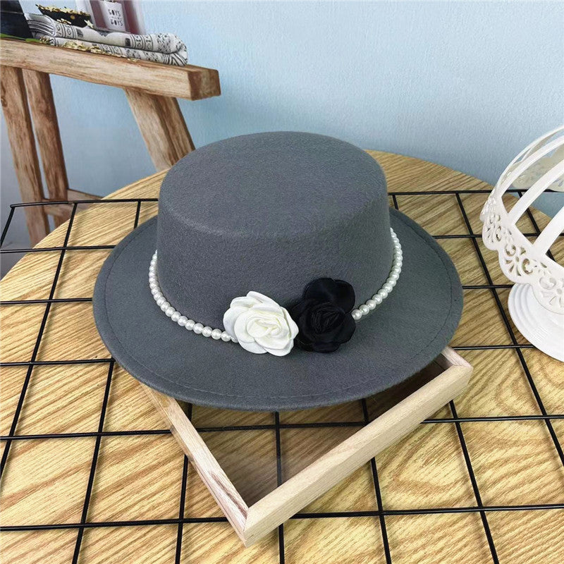 Vintage Hattedame Perlekæde Blomster Uld Flad Hat