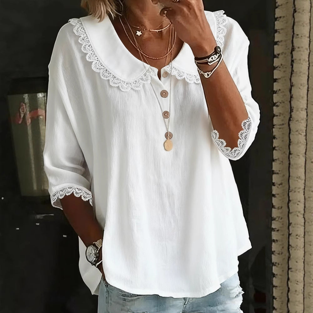 Fashionable Collar With Lace Trim, Solid-Color Button-Up Shirt