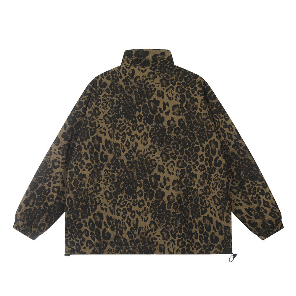 Men's Loose Casual Stand Collar Leopard Print Denim Jacket