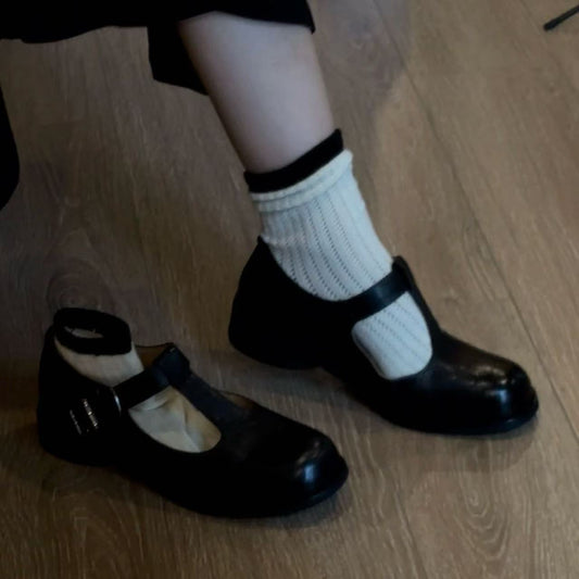 Round-toe Mid-heel T-strap Chunky-heeled Mary Jane Leather Shoes
