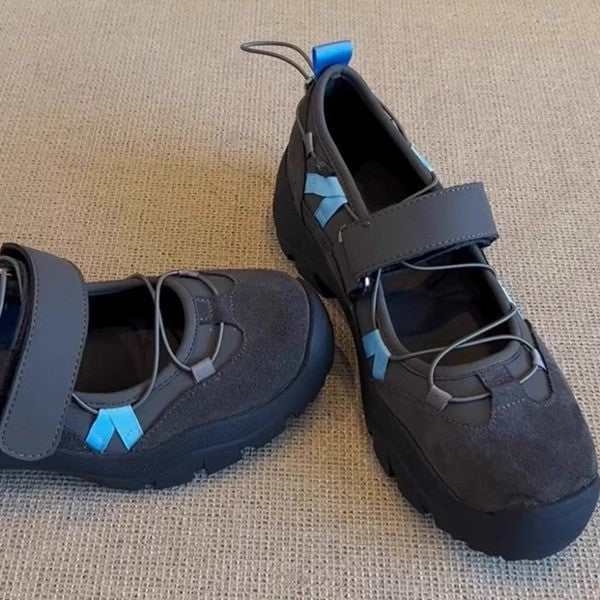 Womens Vintage Leather Thick-Soled Low-Top Velcro Mary Jane Shoes