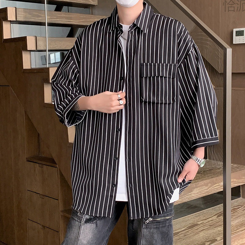 Striped Overalls Short Sleeve Shirt Men's Loose Shirt