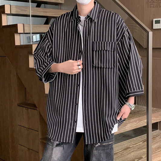 Striped Overalls Short Sleeve Shirt Men's Loose Shirt