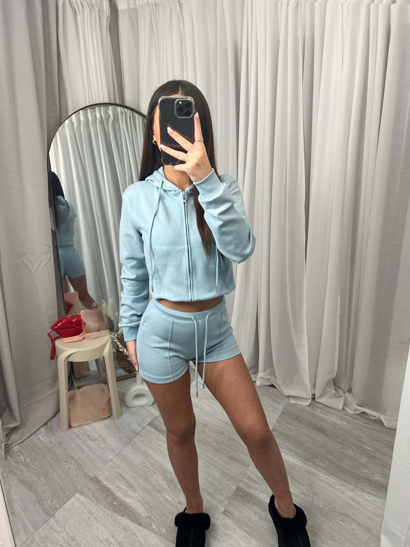 Dame Hættetrøje Oversized Sweatshirt Med Lommer Og Shorts Todelt Sæt