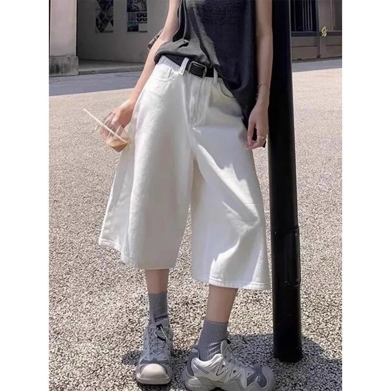 White American-style Vintage Straight-leg Capri Denim Shorts With A Wide Leg
