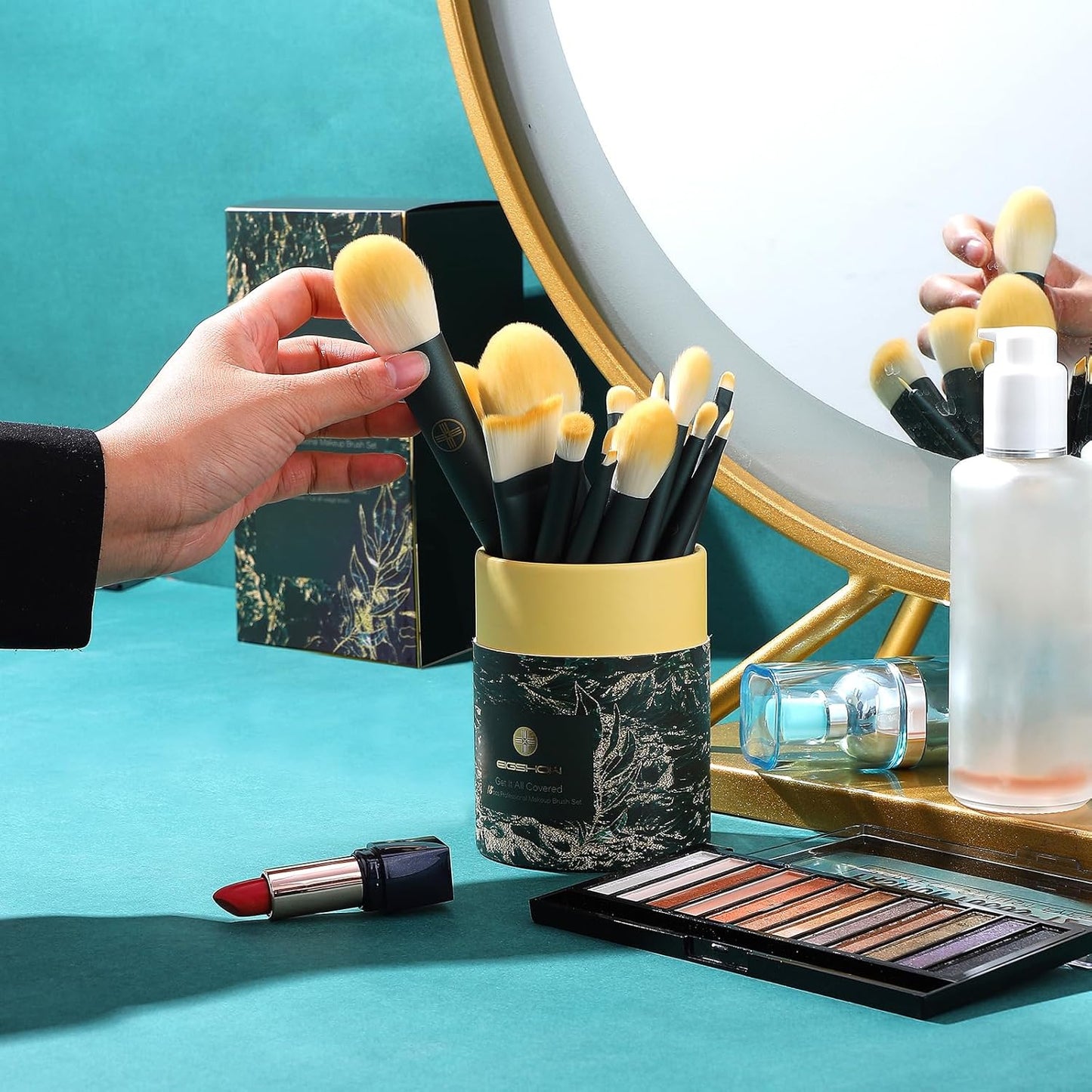 Makeup Brushes 18Pcs Professional Makeup Brush Travel Set with Eco Cylinder 2Cups Holder, Premium Synthetic Foundation Powder Concealer Blush Blending Eye Lip Brush Kit - Cruelty Free