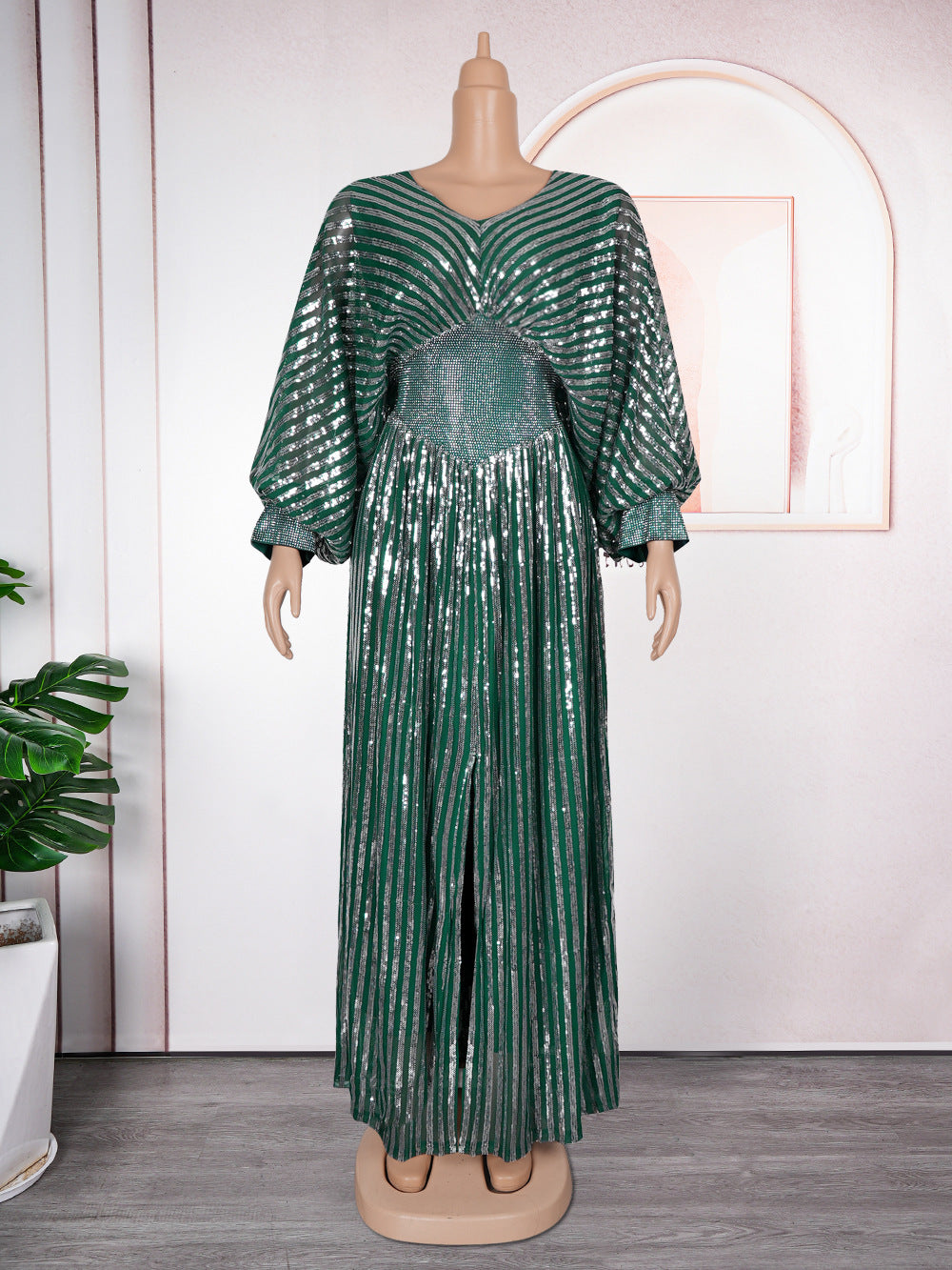 Elegant Sequined V-neck Slim Slit Dress Evening Dress