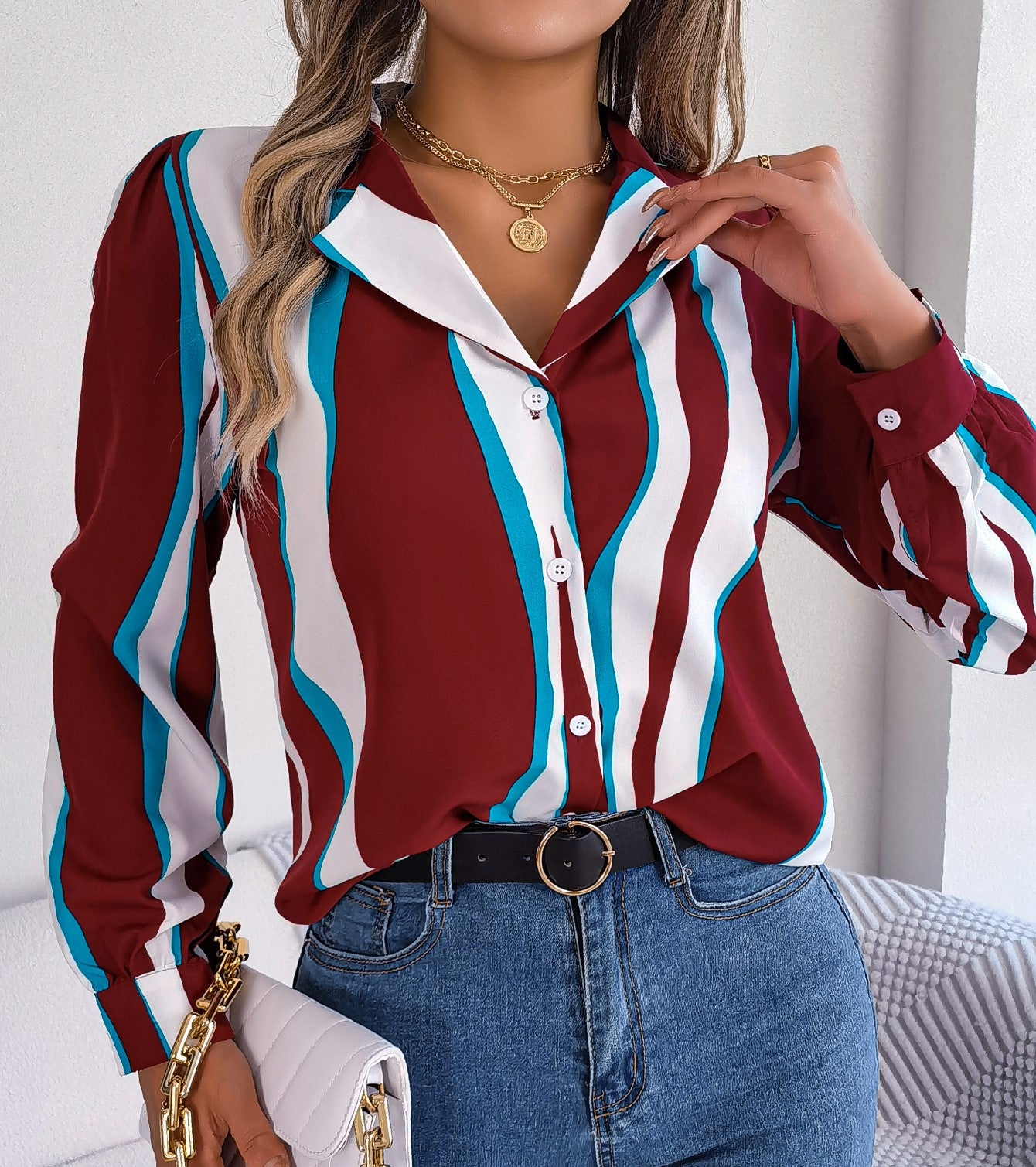 Women's Casual Versatile Color Block Stripe Notched Lapel Long Sleeve Shirt