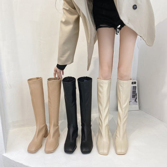 Square Toe Chunky Heel Back Zipper High Boots, Female