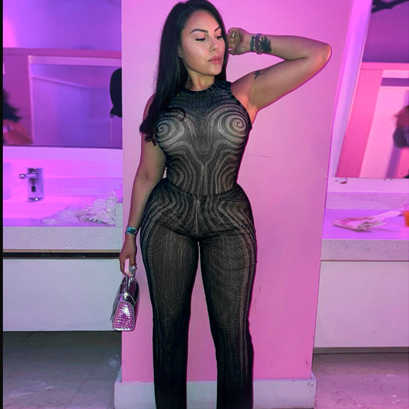 Bodycon Romper With A Geometric Print Round Neck And Sleeveless Design