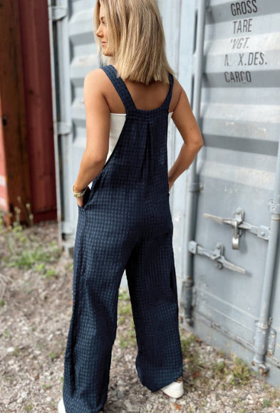 Sail Blue Plaid Print Buttoned Pocketed High Waist Overall