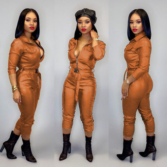 Women's Casual Fashion Solid Color High Elastic Leather Jumpsuit