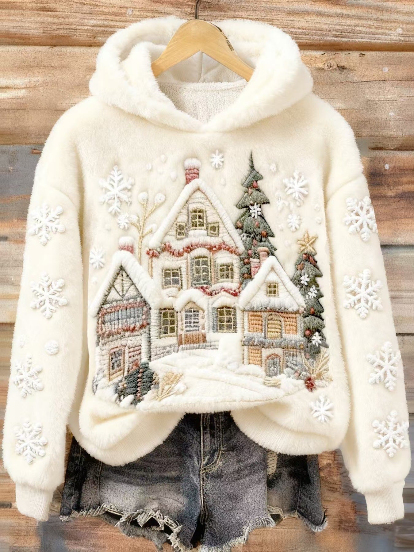 Womens Flannel Christmas Crew-Neck Long-Sleeve Top