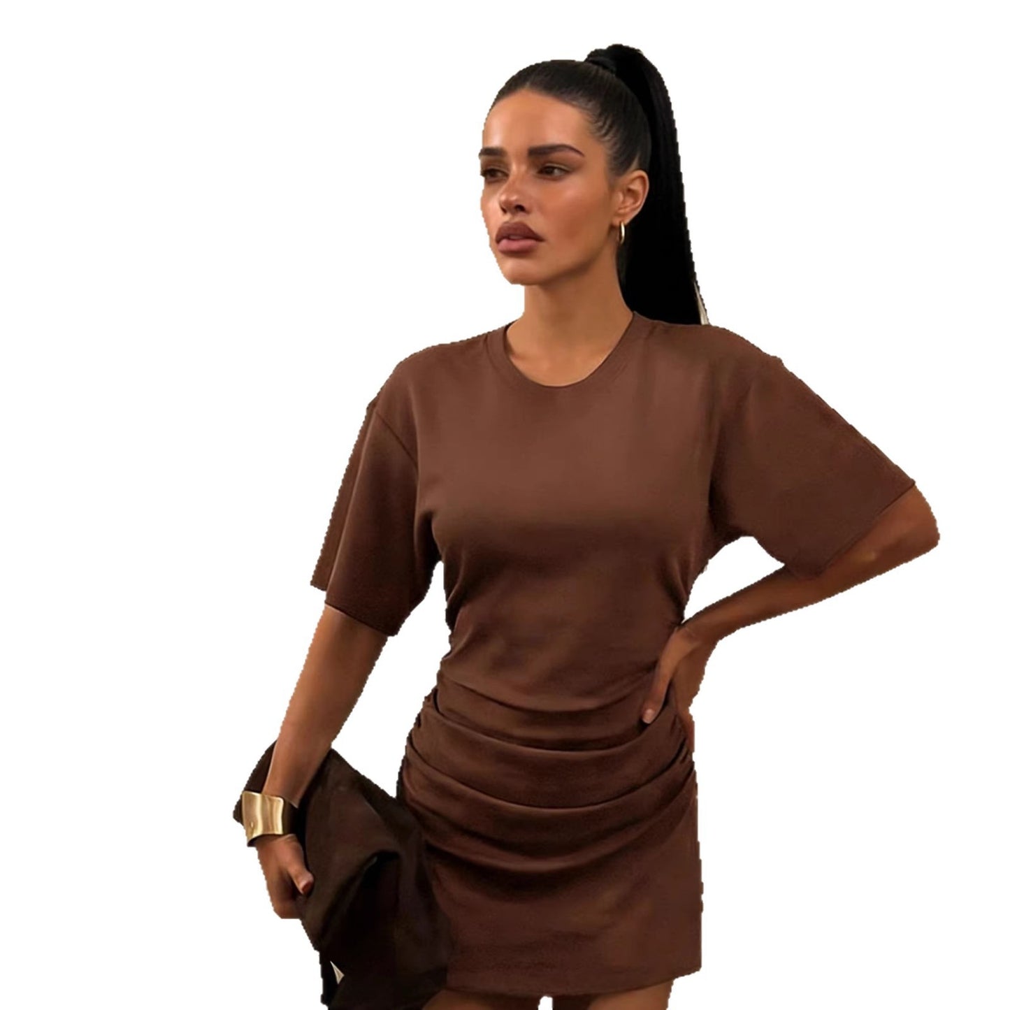 Elegant Solid-Color Crew-Neck Fitted Waist Pleated Bodycon Dress For Women