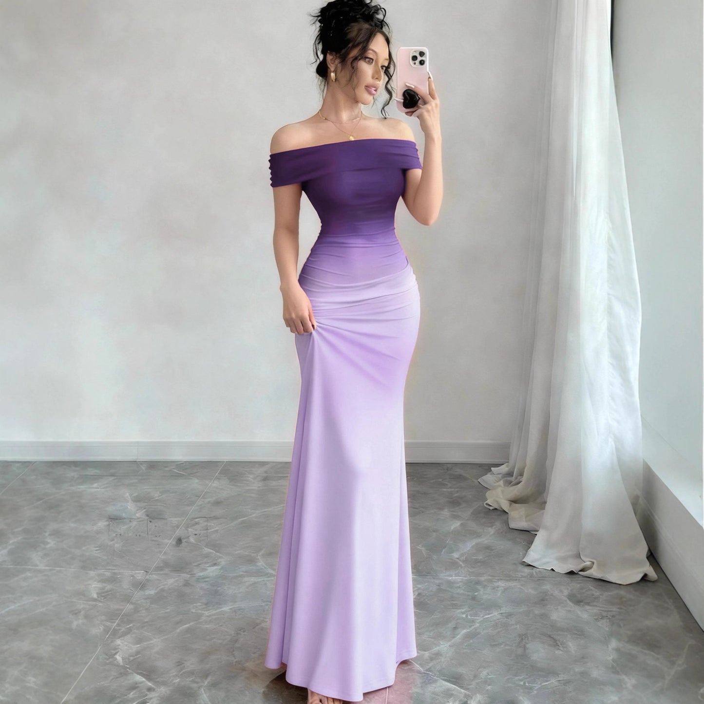 Gradient One Shoulder Sheath Maxi Dress