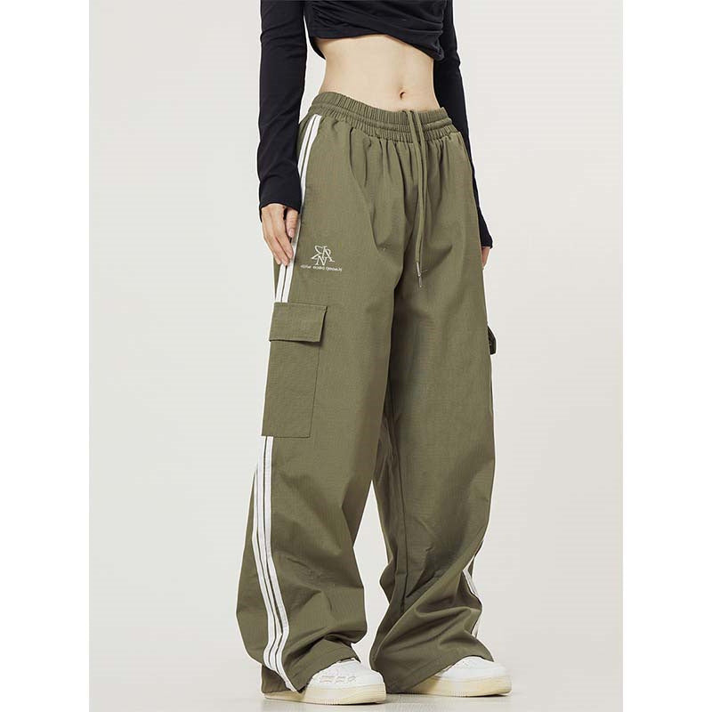 Retro Side Striped Overalls Women's Straight Casual Pants