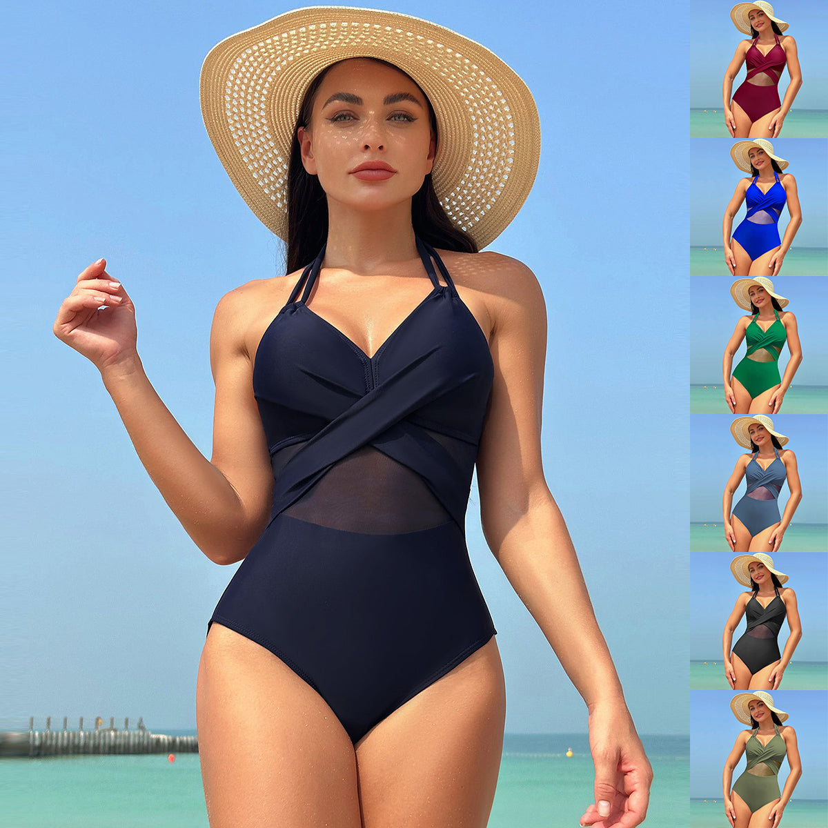 Halter-Neck One-Piece Swimsuit Summer Solid Color Cross-Strap Design Mesh Bikini Beach Vacation Womens Clothing
