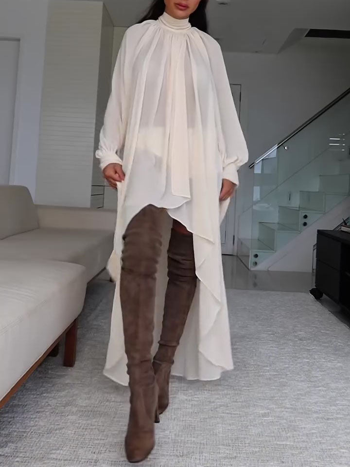 Ivory Turtleneck Asymmetric High-Low Cape Maxi Dress