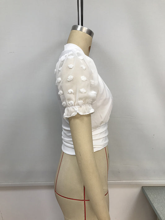 Deep V Short Sleeve Shirt Jacquard Petal Bubble Sleeve Top
