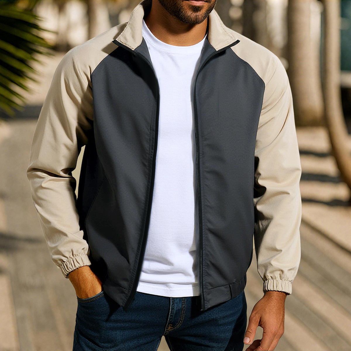 Men's Casual Coat Stand Collar Contrast Color Jacket