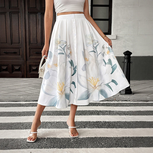 Casual Vacation Sweet Style Button-Decorated Floral Print Skirt