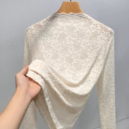 Womens Half-Turtleneck Fleece-Lined Brushed Lace Base Top