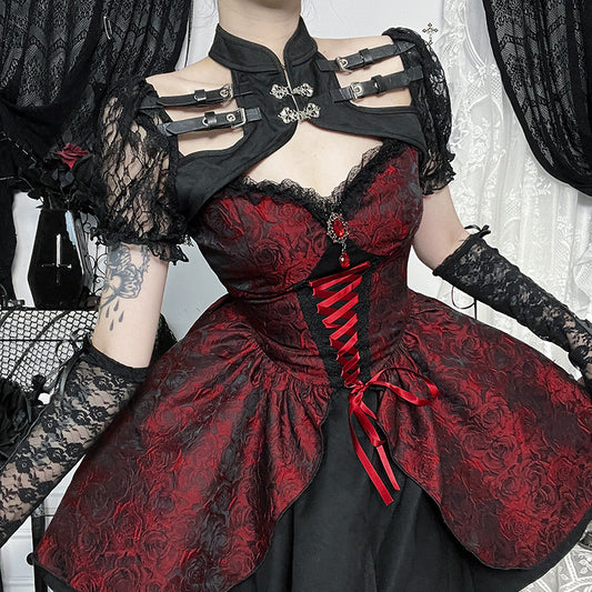 Gothic Black And Red Jacquard Dress