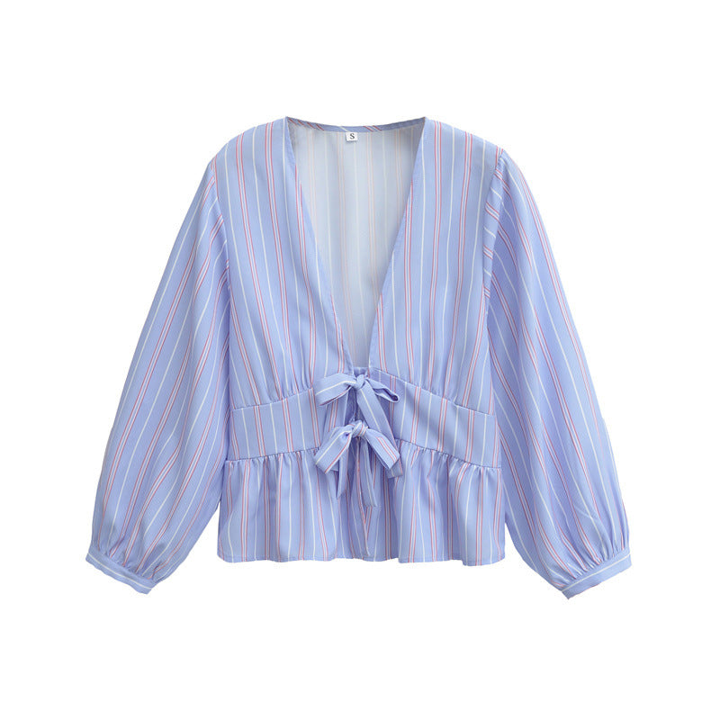 European And American Style French Fashion Design Bowknot Decoration Striped Shirt