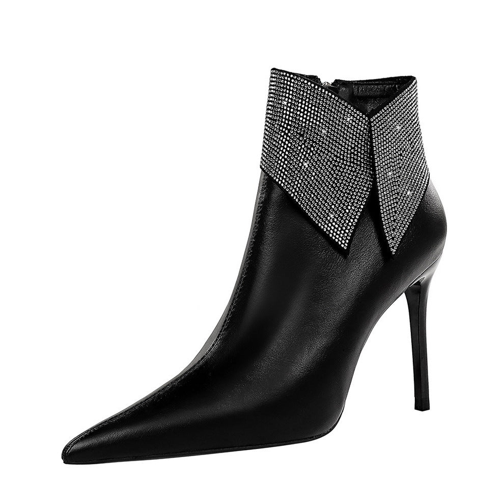 Women's Stiletto High Heel Pointed Toe Shiny Rhinestone Short Boots