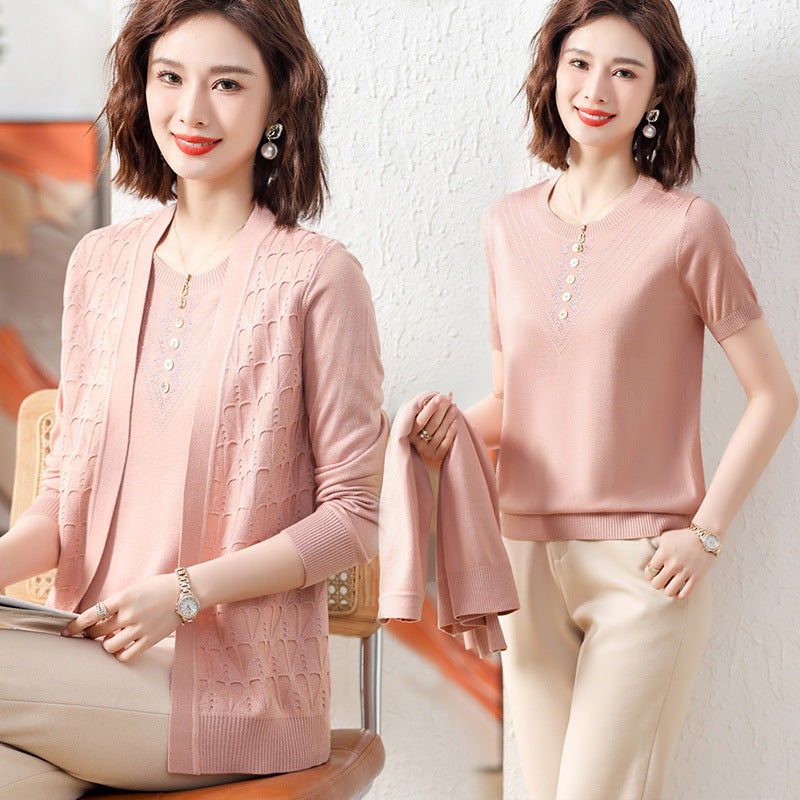 Spring Wear For Moms Fashionable Jacket Thin Knitted Cardigan Two-piece Suit