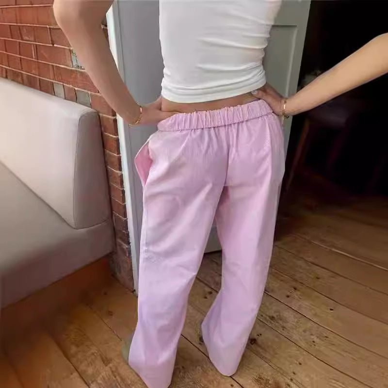 Vertical Stripes Stitching Waist Elastic Wide Leg Pants Fake Two Pieces