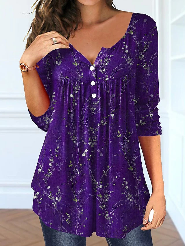 Beauty Summer Loose V-neck Pullover Short Sleeve Button Printed T-shirt