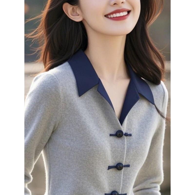 Womens Minimalist Elegant New Chinese-Style Knot-Button Knitted Top