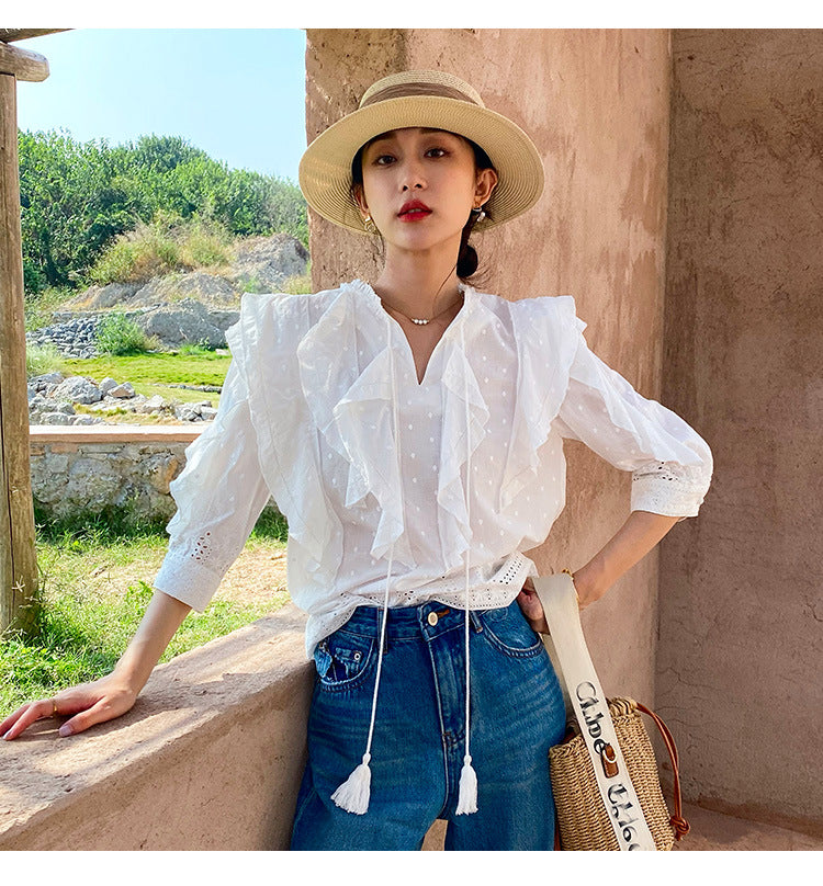 Puff Sleeve Small Top New French White Shirt