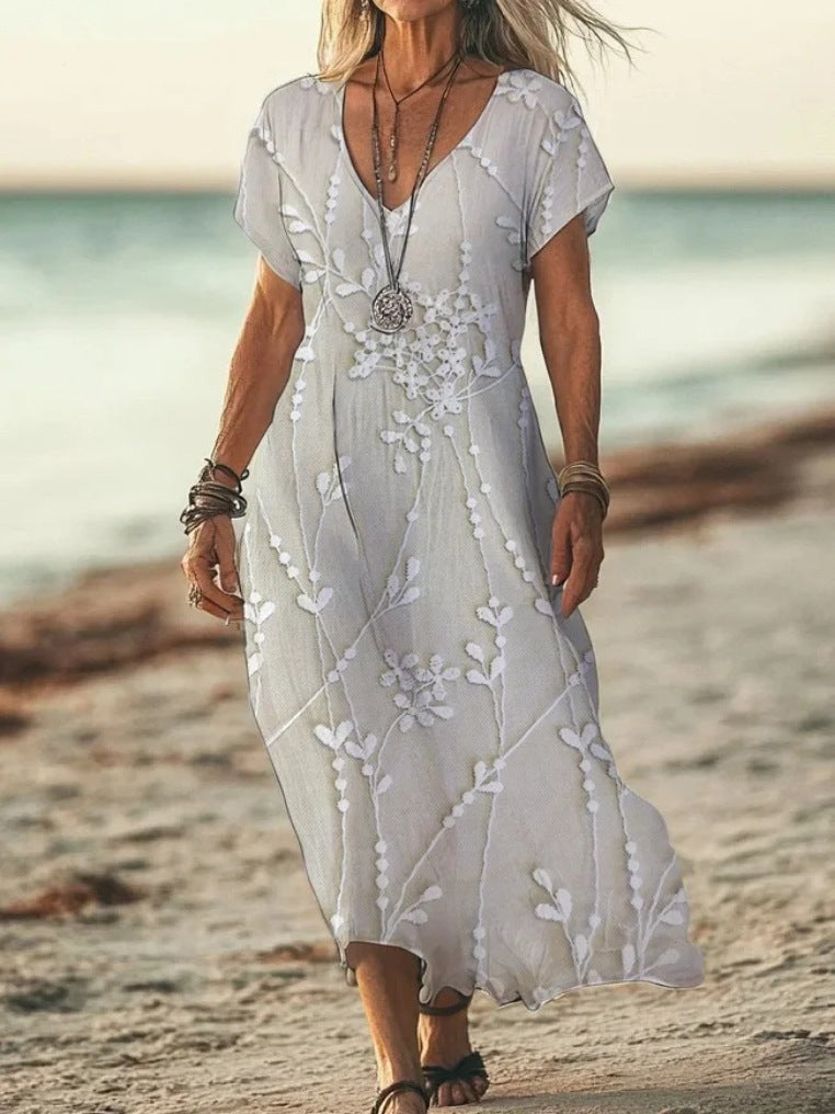 Womens Floral V-Neck Short-Sleeve Dress