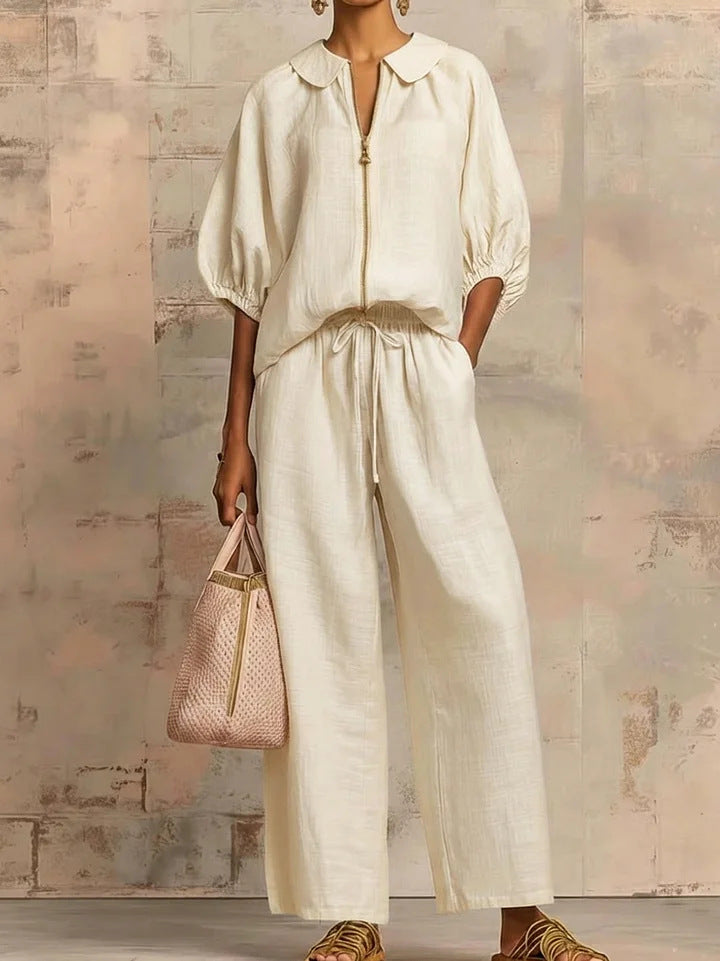 Solid-color Casual Loose-fitting Zip-up Sweatshirt And Straight-leg Pants Set