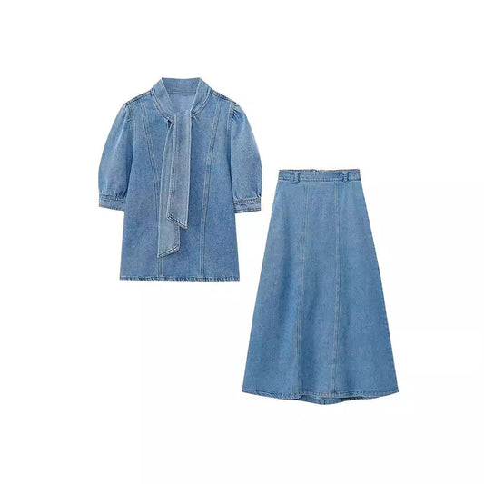 Bow-trimmed Denim Shirt Cape Dress Set