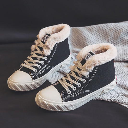 Women's Warm Black Winter Thick Flat High-top With Velvet Canvas Shoes