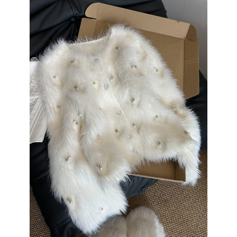 Elegant Heavy Industry Beads Soft Glutinous Knitted Sweater Coat
