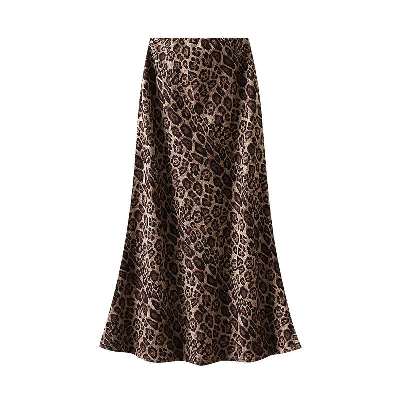 Suede Leopard Print Midi Skirt High Waist