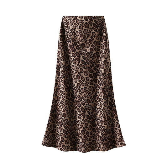 Suede Leopard Print Midi Skirt High Waist