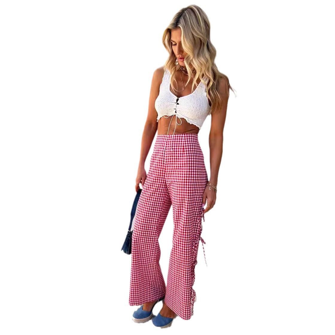Women's Floral Print Slit Tie-neck Plaid Trousers