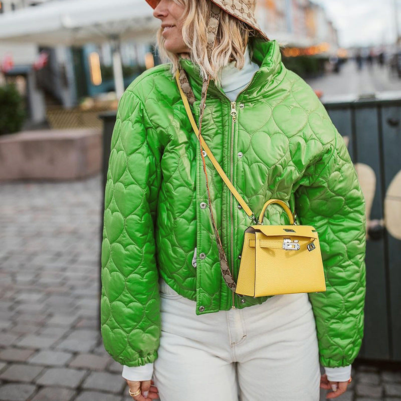 Women's Winter Solid Color Stand Collar Long-sleeve T-shirt Fashionable Warm Cotton-padded Coat